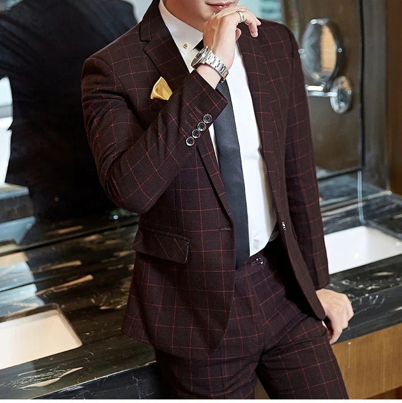 Men's Plaid Smart Casual Blazer Slim Fit Single Button Suit Jacket for Wedding & Business