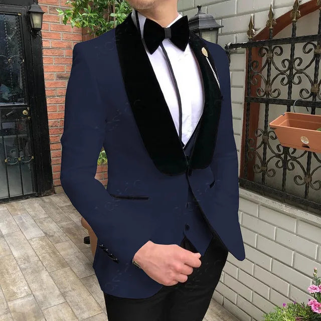 Fashion Men's Suit 3 Pieces Slim Fit Prom Tuxedos Tweed Shawl Lapel Wedding Grooms Blazer Vest Pants Wholesale