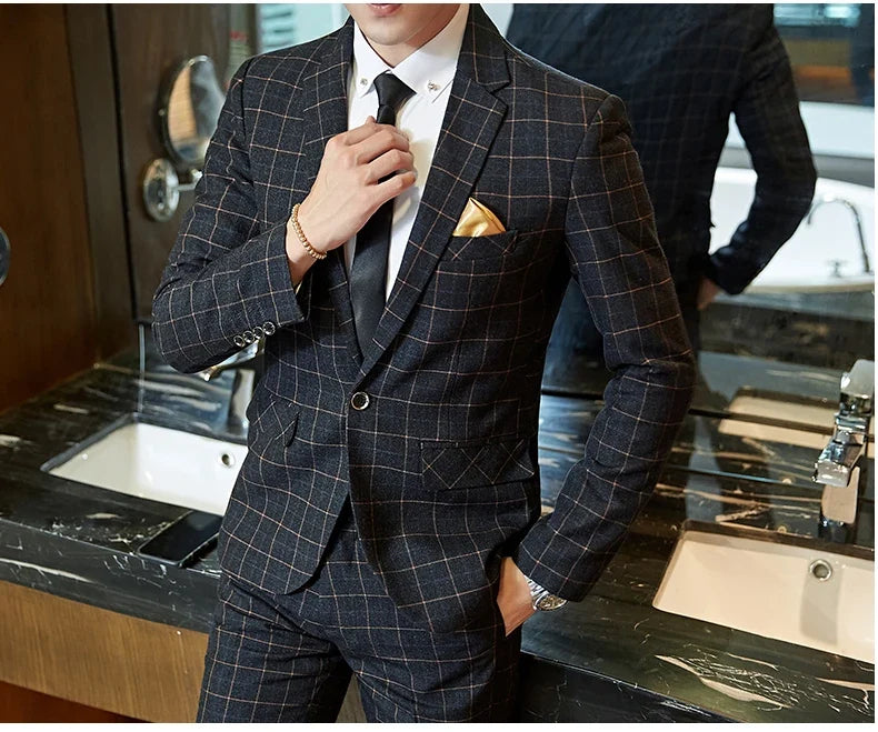 Men's Plaid Smart Casual Blazer Slim Fit Single Button Suit Jacket for Wedding & Business