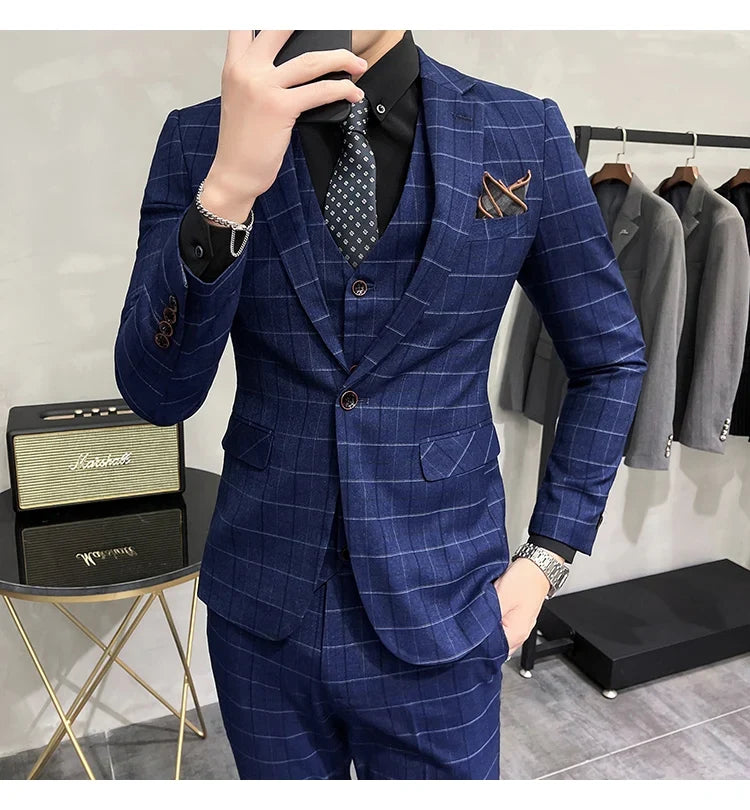 (Jackets +Pants+Vest) Luxury Men Groom Wedding Tuxedo Fashion Plaid Business Suits High Quality Casual Business Suit Three-piece