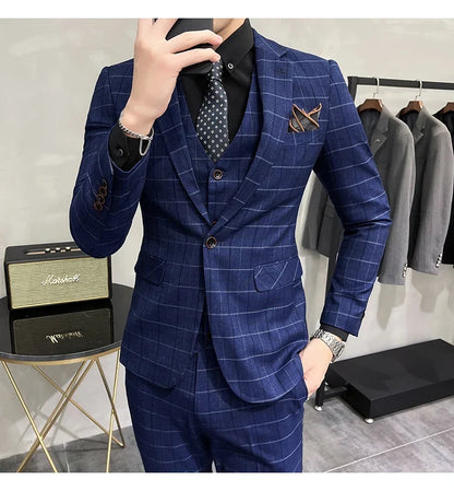 (Jackets +Pants+Vest) Luxury Men Groom Wedding Tuxedo Fashion Plaid Business Suits High Quality Casual Business Suit Three-piece