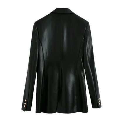Women Fashion Notched Double Breasted PU Leather Blazers Coat Casual Straight Long Sleeve Back Vents Female Outerwear Chic Tops