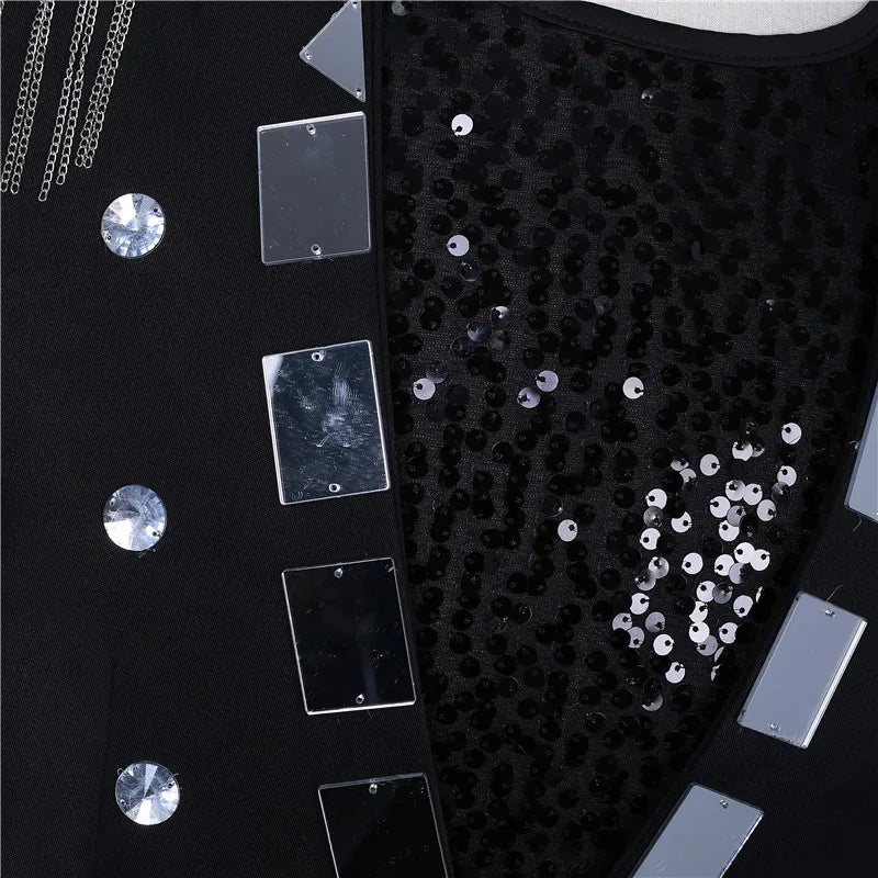 Men's Fashion Silver Black Rivet Sequined Slim Fit Jacket Punk Style Stage Performance Coat Bar Singer Host Nightclub Stage Wear