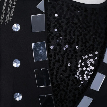 Men's Fashion Silver Black Rivet Sequined Slim Fit Jacket Punk Style Stage Performance Coat Bar Singer Host Nightclub Stage Wear