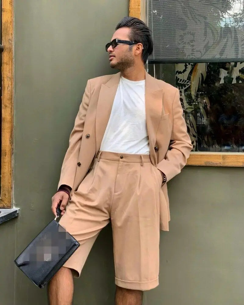 Costume Homme Summer Stylish Men's Suits Tailor-Made 2 Piece Suit Double Breasted Blazer and Short Pants Set Customized