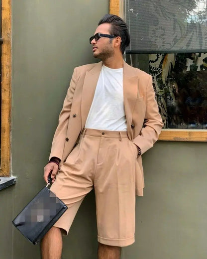 Costume Homme Summer Stylish Men's Suits Tailor-Made 2 Piece Suit Double Breasted Blazer and Short Pants Set Customized
