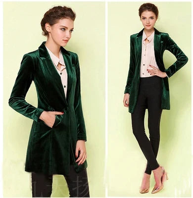 New Female High Quality Chic Tops Europe women's velvet blazer Slim Fit Long OL jacket Ladies Blouses Suit Coat Free Shipping