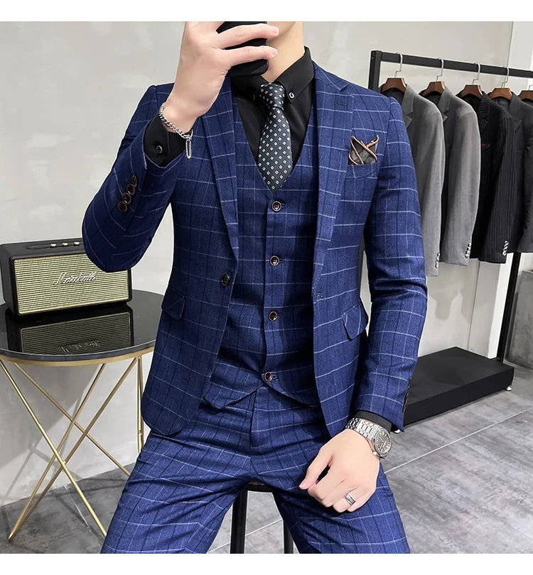 (Jackets +Pants+Vest) Luxury Men Groom Wedding Tuxedo Fashion Plaid Business Suits High Quality Casual Business Suit Three-piece
