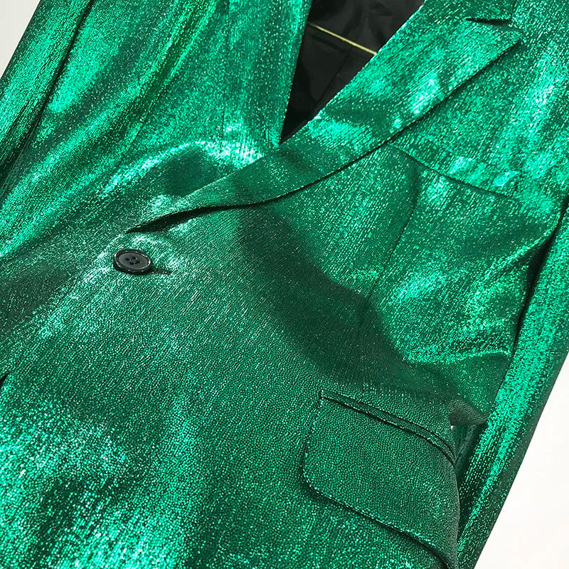 Bar Nightclub Shinny Silver Blue Green Blazer For Male Singer Host Stage Performance Costume Thin Style Slim One Button Coat