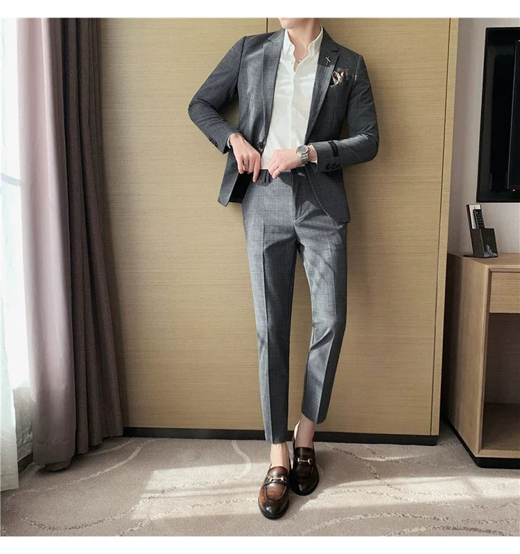 (Jacket+Pant) 2023 Latest Design Check Men Suit Groom Wedding Stage Tuxedos Best Costume Men Business Social Suits 2 Piece Set