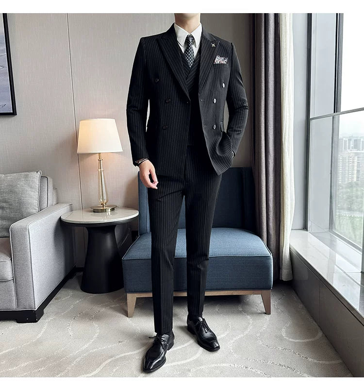 Men's Double Breasted Slim Fit Striped Suit – Formal 2 Piece Set for Business, Wedding & Smart Casual Occasions