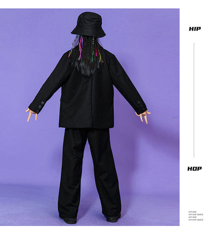 Hip Hop Boys Solid Suit Jacket Outfits Girls Loose Blazer Street Dance Pants Clothes Sets Children Streetwear Kids Jazz Costumes