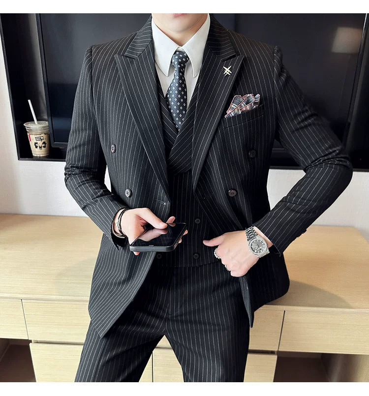 Men's Double Breasted Slim Fit Striped Suit – Formal 2 Piece Set for Business, Wedding & Smart Casual Occasions