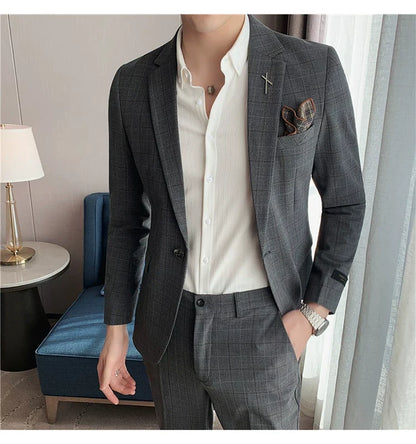 (Jacket+Pant) 2023 Latest Design Check Men Suit Groom Wedding Stage Tuxedos Best Costume Men Business Social Suits 2 Piece Set