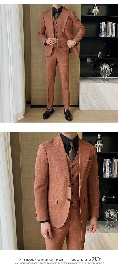 ( Jacket + Vest + Pants ) 2024 New Luxury Men High-end Suit Formal Groom Wedding Tuxedo Mens Work Party Slim Fit Suit 3 Piece