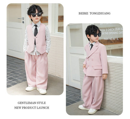 School Boys Double Breasted Blazer Suit Set with Wide Leg Pants Formal Streetwear Outfit for Kids Toddlers Wedding Birthday Part