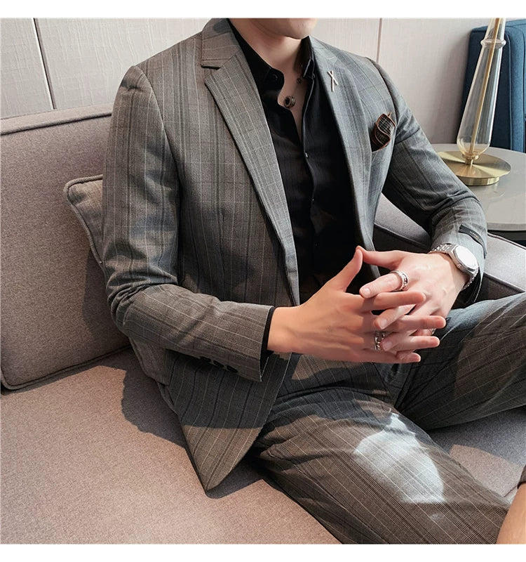 (Jacket+Pant) 2023 Latest Design Check Men Suit Groom Wedding Stage Tuxedos Best Costume Men Business Social Suits 2 Piece Set