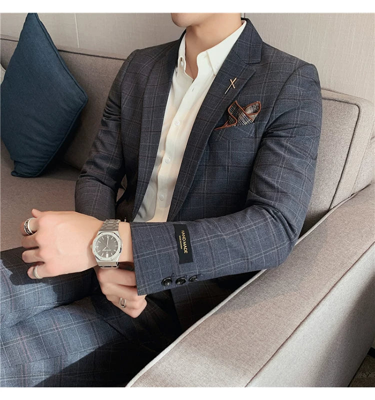 (Jacket+Pant) 2023 Latest Design Check Men Suit Groom Wedding Stage Tuxedos Best Costume Men Business Social Suits 2 Piece Set