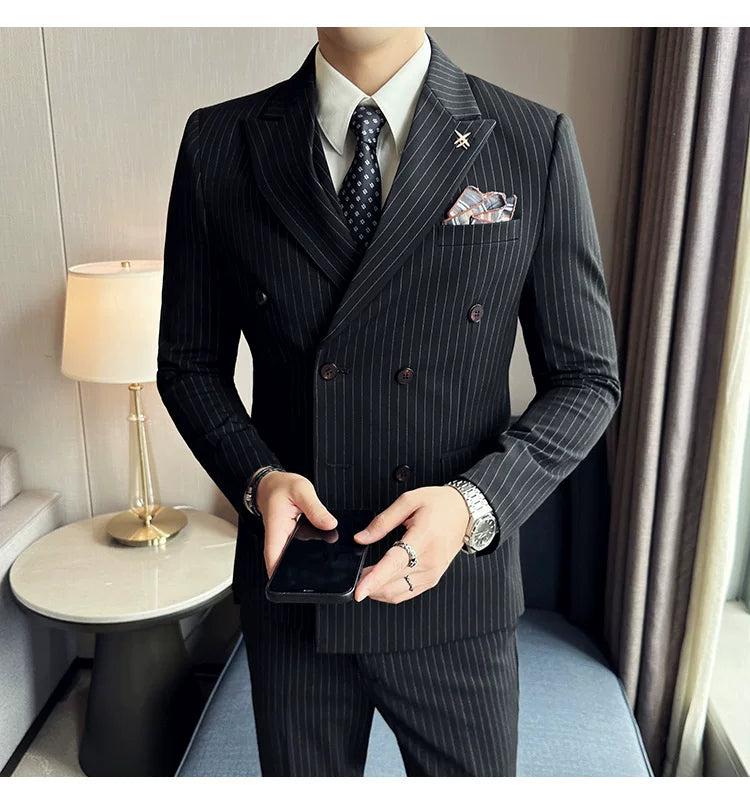 Men's Double Breasted Slim Fit Striped Suit – Formal 2 Piece Set for Business, Wedding & Smart Casual Occasions