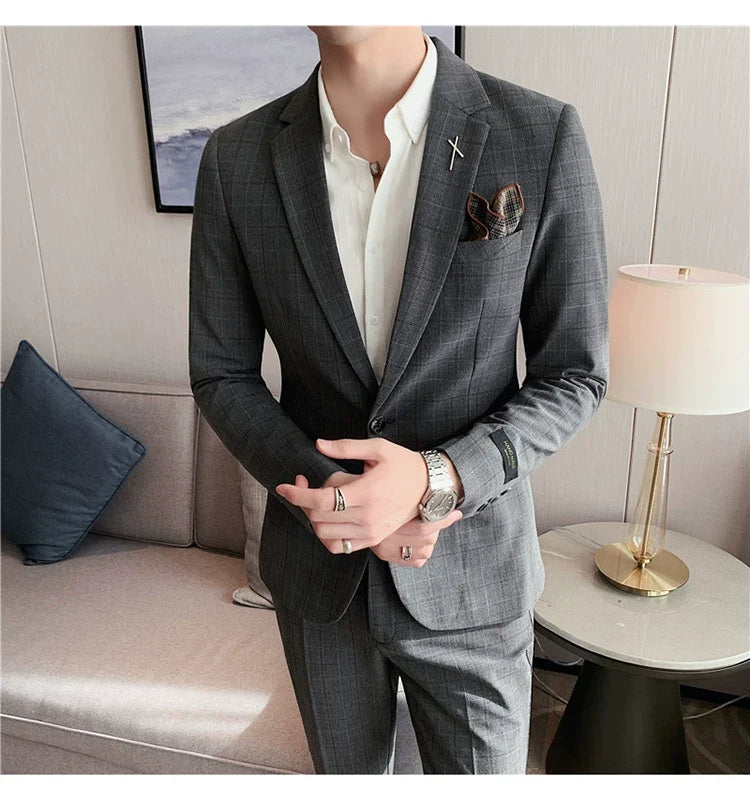 (Jacket+Pant) 2023 Latest Design Check Men Suit Groom Wedding Stage Tuxedos Best Costume Men Business Social Suits 2 Piece Set