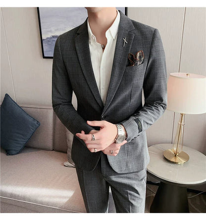 (Jacket+Pant) 2023 Latest Design Check Men Suit Groom Wedding Stage Tuxedos Best Costume Men Business Social Suits 2 Piece Set