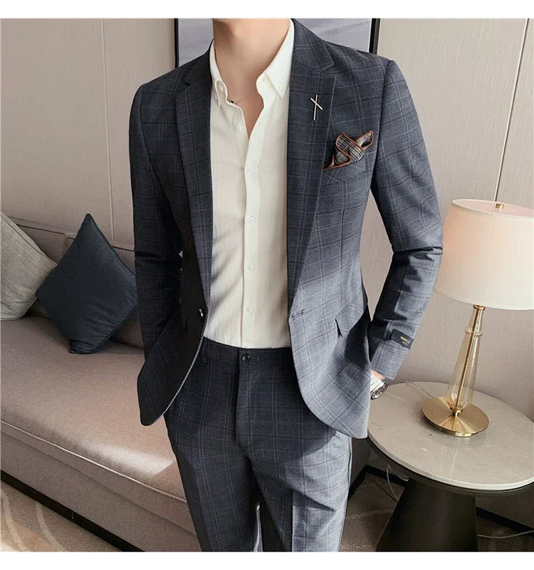 (Jacket+Pant) 2023 Latest Design Check Men Suit Groom Wedding Stage Tuxedos Best Costume Men Business Social Suits 2 Piece Set