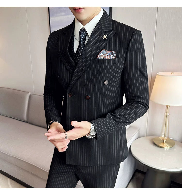 Men's Double Breasted Slim Fit Striped Suit – Formal 2 Piece Set for Business, Wedding & Smart Casual Occasions