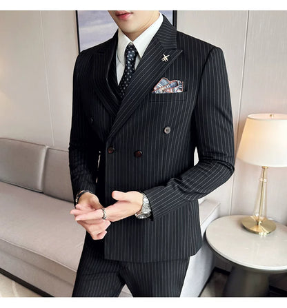 Men's Double Breasted Slim Fit Striped Suit – Formal 2 Piece Set for Business, Wedding & Smart Casual Occasions
