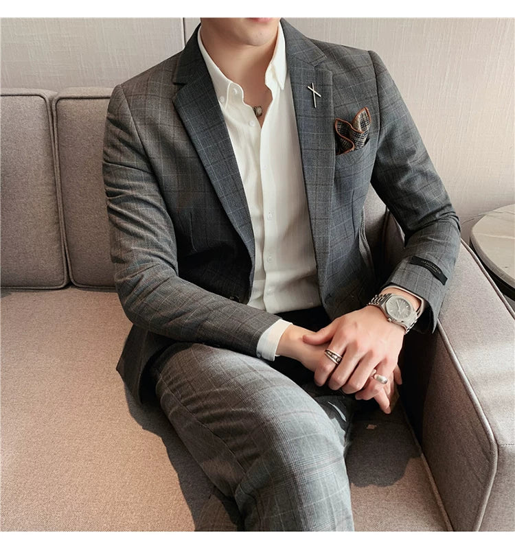 (Jacket+Pant) 2023 Latest Design Check Men Suit Groom Wedding Stage Tuxedos Best Costume Men Business Social Suits 2 Piece Set