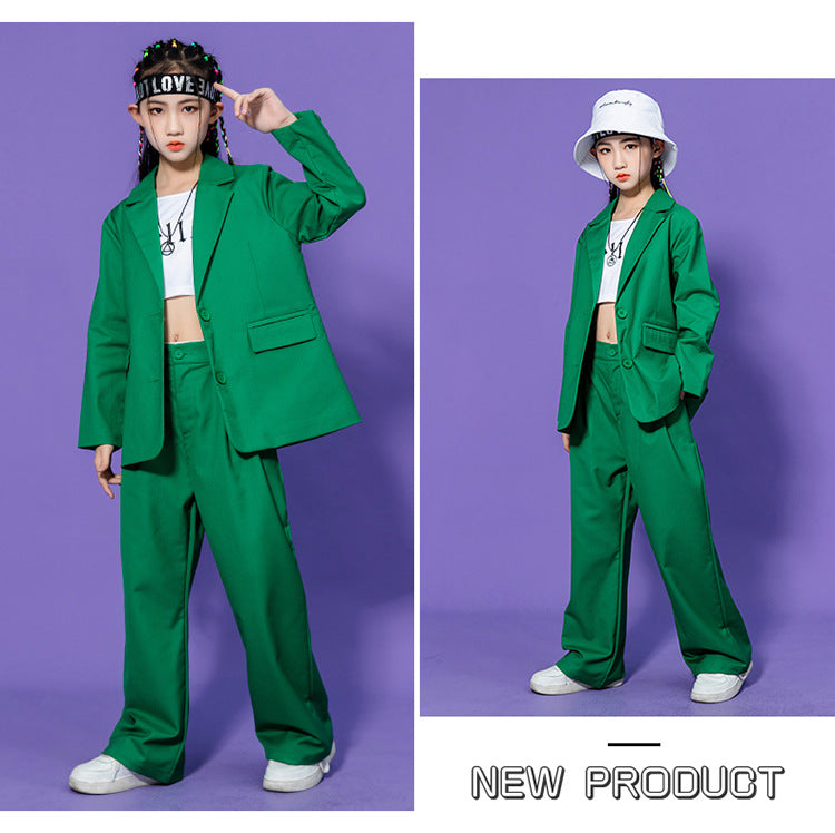 Hip Hop Boys Solid Suit Jacket Outfits Girls Loose Blazer Street Dance Pants Clothes Sets Children Streetwear Kids Jazz Costumes