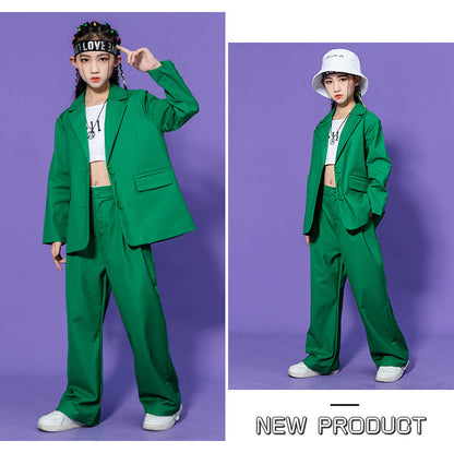 Hip Hop Boys Solid Suit Jacket Outfits Girls Loose Blazer Street Dance Pants Clothes Sets Children Streetwear Kids Jazz Costumes
