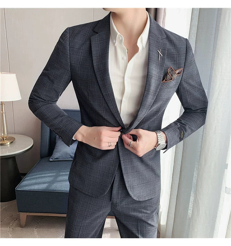 (Jacket+Pant) 2023 Latest Design Check Men Suit Groom Wedding Stage Tuxedos Best Costume Men Business Social Suits 2 Piece Set