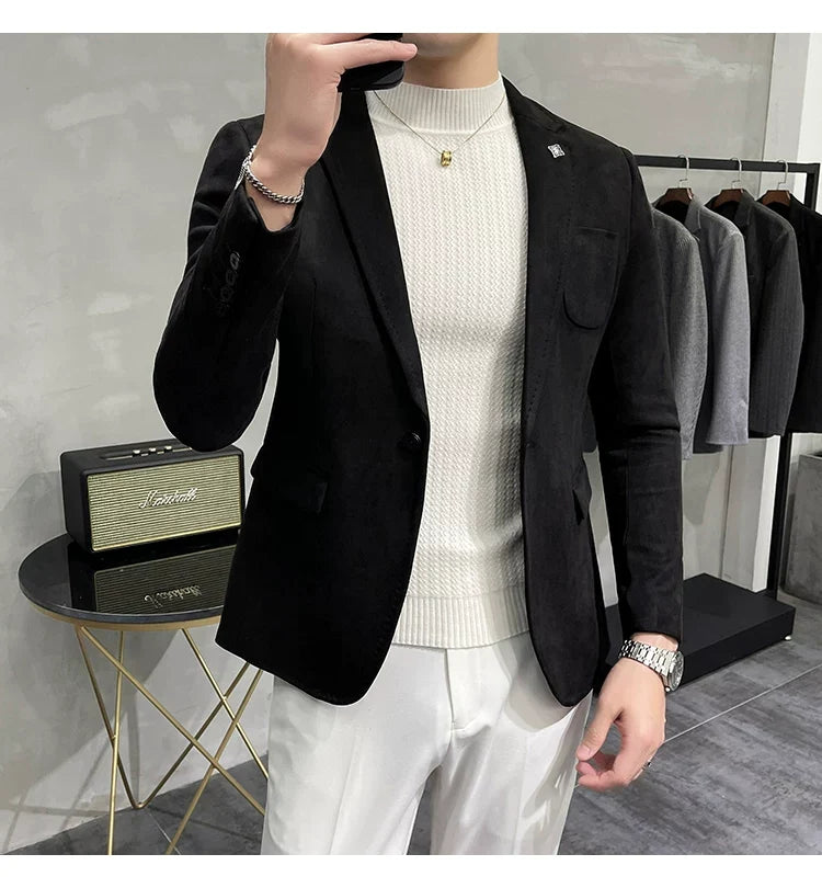 Men's Deerskin Fleece Jacket Suit Coat Blazer Men's Business Leisure Slim Fit Brand Fashion High Quality Single Button Suit Coat