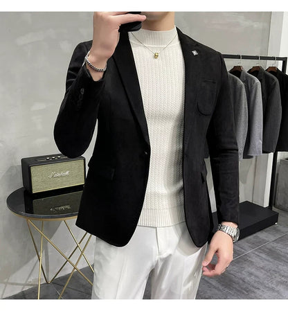 Men's Deerskin Fleece Jacket Suit Coat Blazer Men's Business Leisure Slim Fit Brand Fashion High Quality Single Button Suit Coat