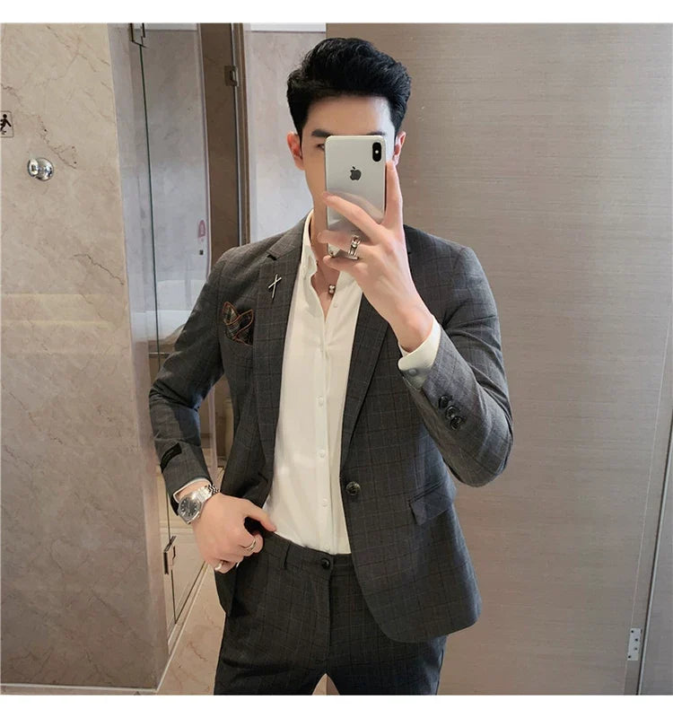 (Jacket+Pant) 2023 Latest Design Check Men Suit Groom Wedding Stage Tuxedos Best Costume Men Business Social Suits 2 Piece Set