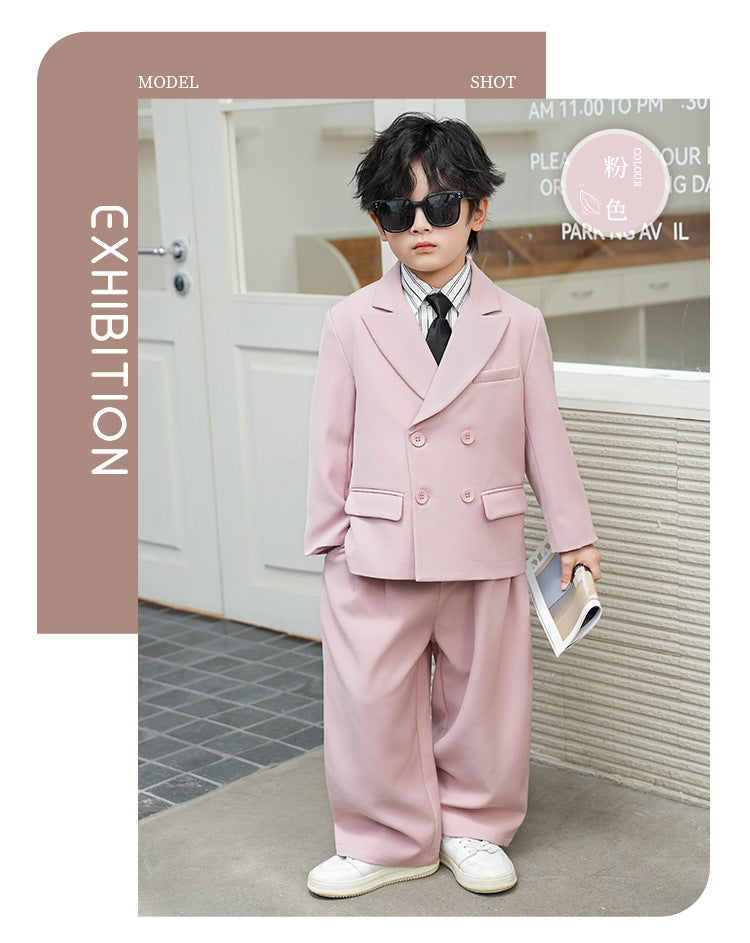 School Boys Double Breasted Blazer Suit Set with Wide Leg Pants Formal Streetwear Outfit for Kids Toddlers Wedding Birthday Part