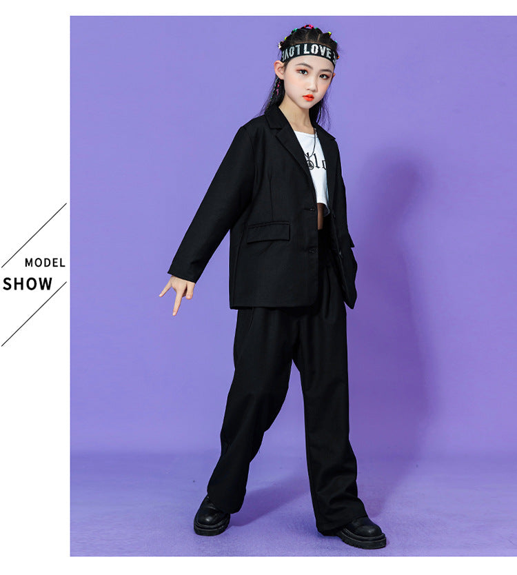Hip Hop Boys Solid Suit Jacket Outfits Girls Loose Blazer Street Dance Pants Clothes Sets Children Streetwear Kids Jazz Costumes
