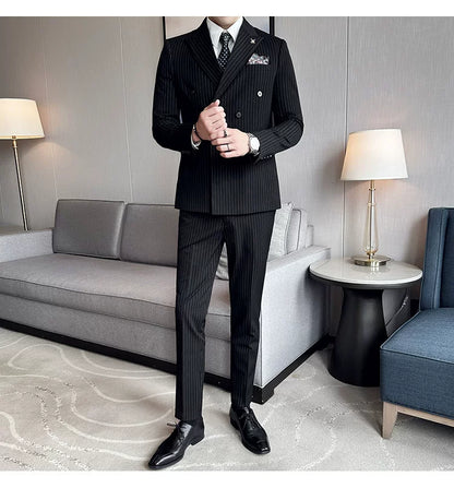 Men's Double Breasted Slim Fit Striped Suit – Formal 2 Piece Set for Business, Wedding & Smart Casual Occasions
