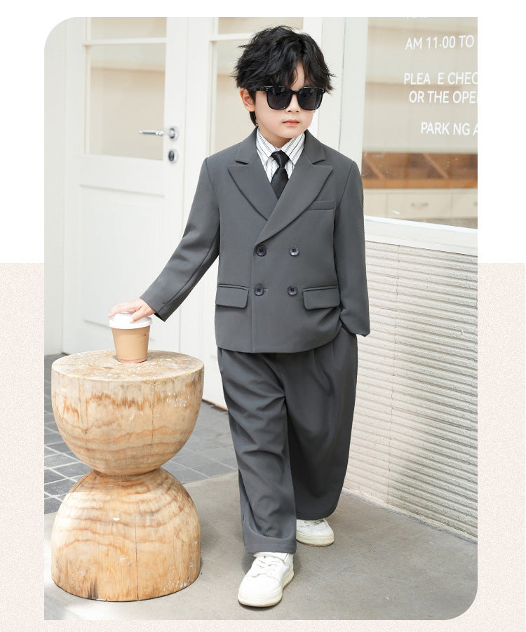 School Boys Double Breasted Blazer Suit Set with Wide Leg Pants Formal Streetwear Outfit for Kids Toddlers Wedding Birthday Part