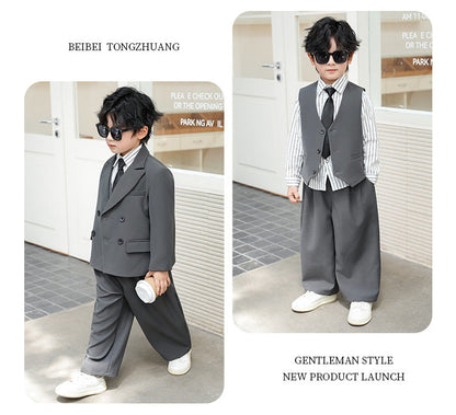 School Boys Double Breasted Blazer Suit Set with Wide Leg Pants Formal Streetwear Outfit for Kids Toddlers Wedding Birthday Part
