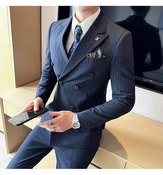 Men's Double Breasted Slim Fit Striped Suit – Formal 2 Piece Set for Business, Wedding & Smart Casual Occasions