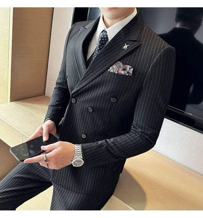 Men's Double Breasted Slim Fit Striped Suit – Formal 2 Piece Set for Business, Wedding & Smart Casual Occasions