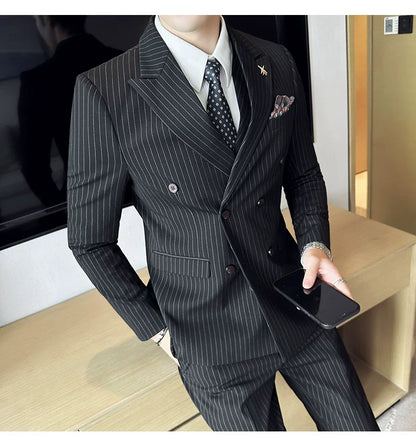 Men's Double Breasted Slim Fit Striped Suit – Formal 2 Piece Set for Business, Wedding & Smart Casual Occasions