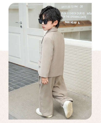 School Boys Double Breasted Blazer Suit Set with Wide Leg Pants Formal Streetwear Outfit for Kids Toddlers Wedding Birthday Part