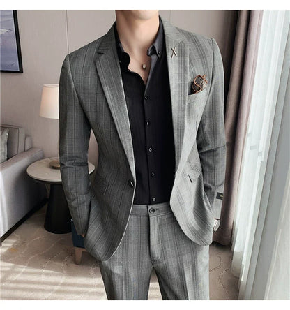 (Jacket+Pant) 2023 Latest Design Check Men Suit Groom Wedding Stage Tuxedos Best Costume Men Business Social Suits 2 Piece Set