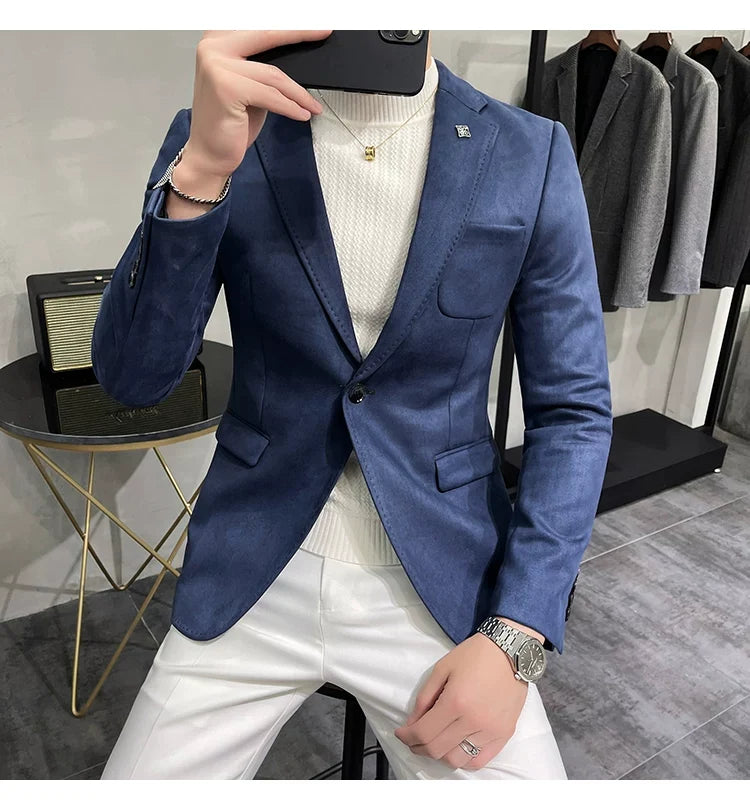 Men's Deerskin Fleece Jacket Suit Coat Blazer Men's Business Leisure Slim Fit Brand Fashion High Quality Single Button Suit Coat