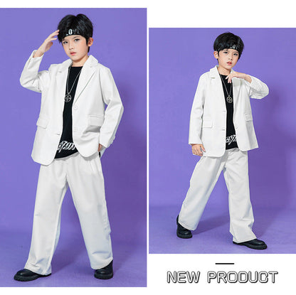 Hip Hop Boys Solid Suit Jacket Outfits Girls Loose Blazer Street Dance Pants Clothes Sets Children Streetwear Kids Jazz Costumes