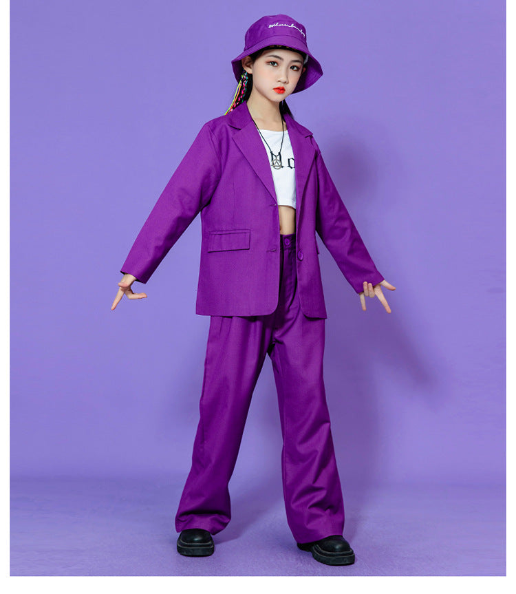 Hip Hop Boys Solid Suit Jacket Outfits Girls Loose Blazer Street Dance Pants Clothes Sets Children Streetwear Kids Jazz Costumes