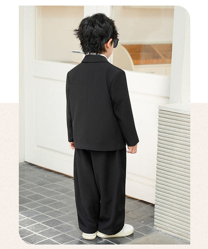 School Boys Double Breasted Blazer Suit Set with Wide Leg Pants Formal Streetwear Outfit for Kids Toddlers Wedding Birthday Part