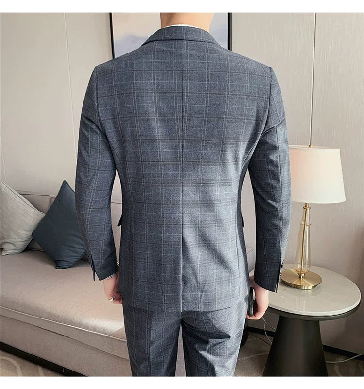 (Jacket+Pant) 2023 Latest Design Check Men Suit Groom Wedding Stage Tuxedos Best Costume Men Business Social Suits 2 Piece Set